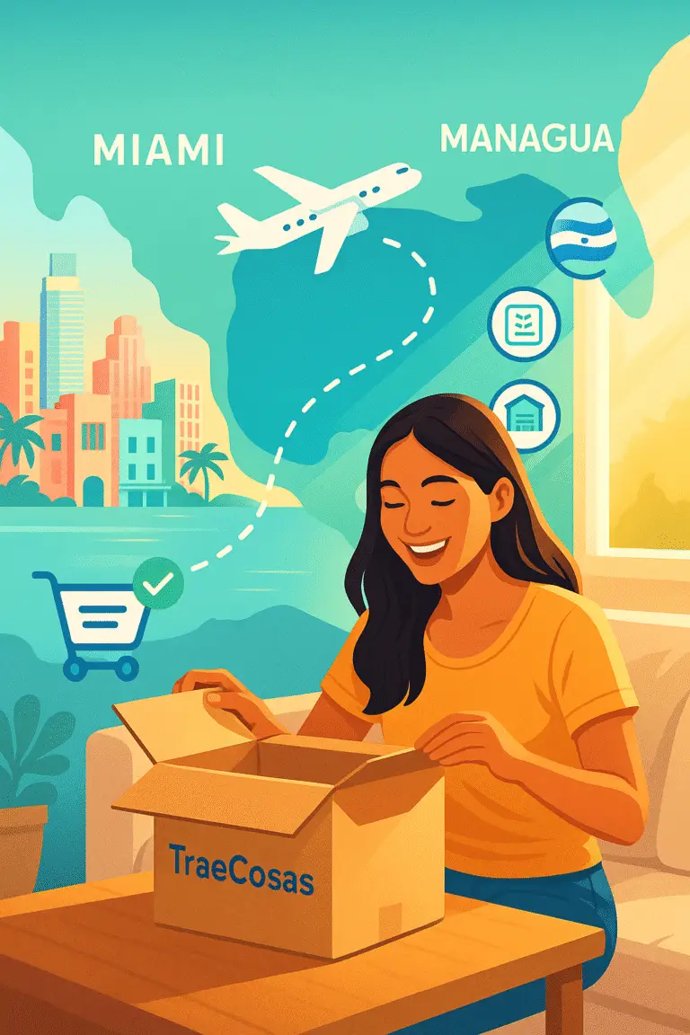 Caja de envío viajando de Miami a Managua con avión y ruta, luz cálida y ambiente tropical