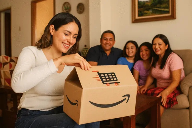 Mujer sonriente abriendo una caja de TraeCosas con logo de Amazon en su hogar en Managua junto a su familia.