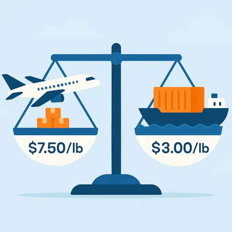 Ilustración flat de una balanza comparando envío aéreo a $7.50 por libra y envío marítimo a $3.00 por libra con colores corporativos de Trae Cosas.