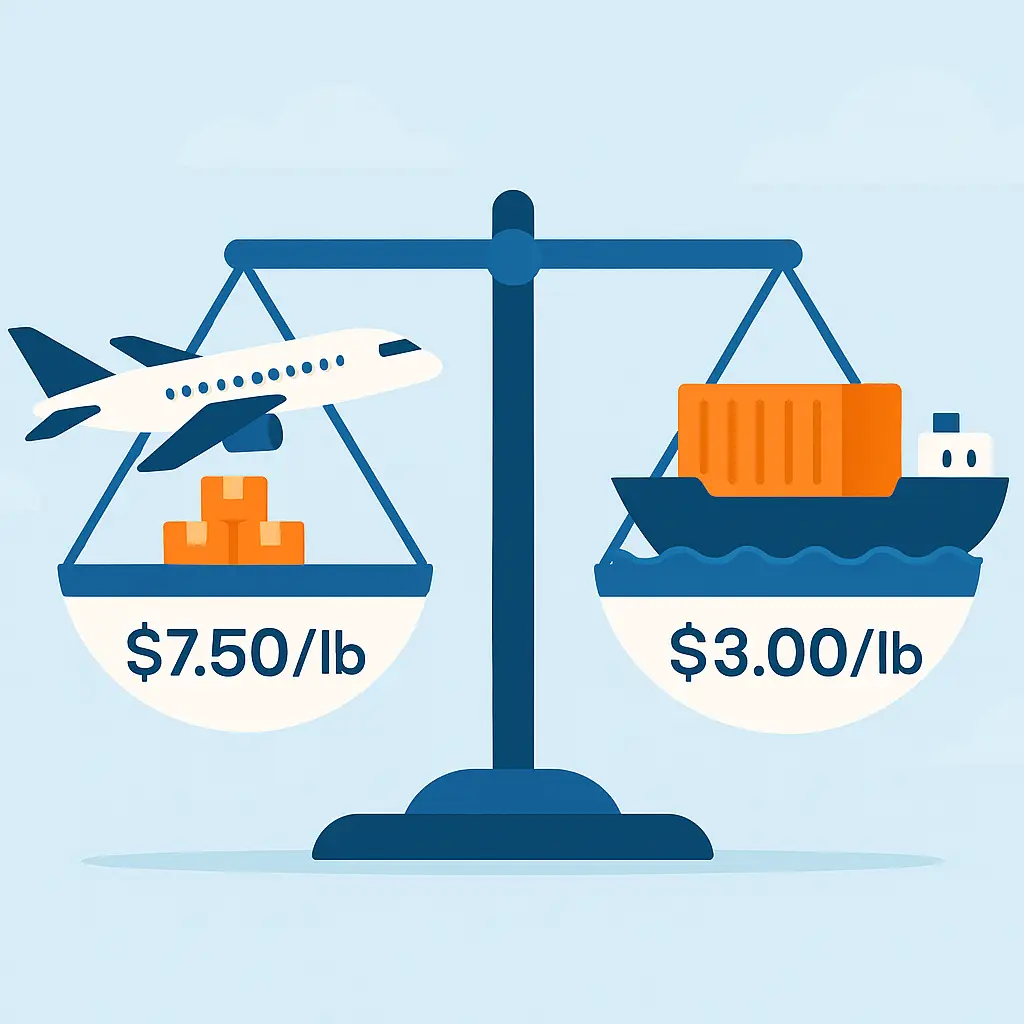 Ilustración flat de una balanza comparando envío aéreo a $7.50 por libra y envío marítimo a $3.00 por libra con colores corporativos de Trae Cosas.