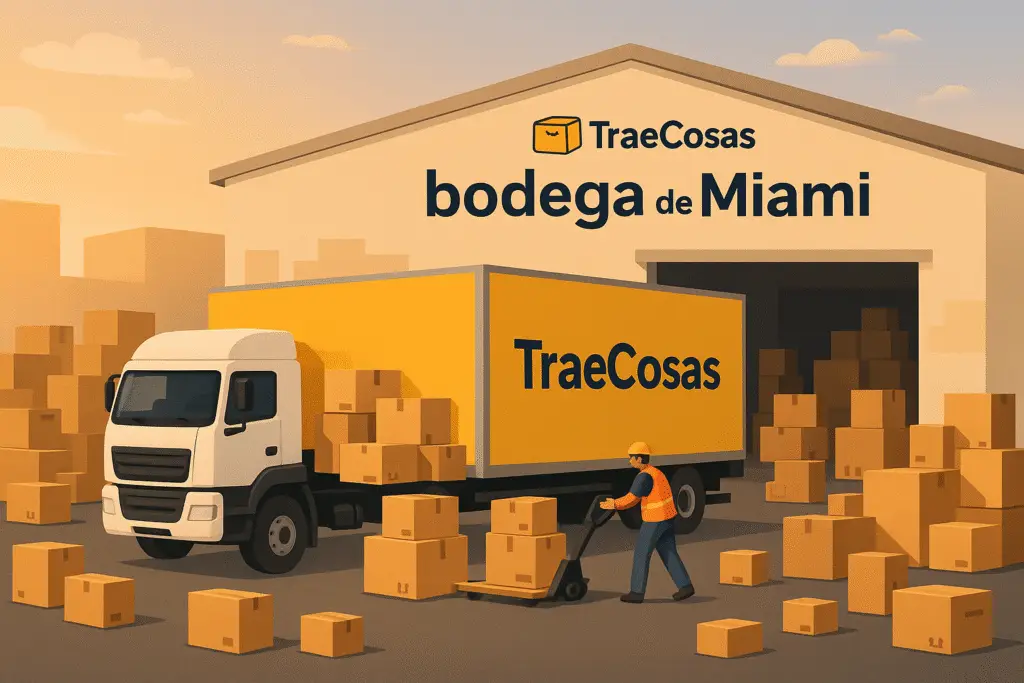 Camión de TraeCosas descargando paquetes frente a la bodega en Miami.