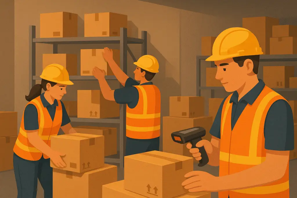 Trabajadores con chalecos y escáner organizando paquetes en la bodega de Miami.