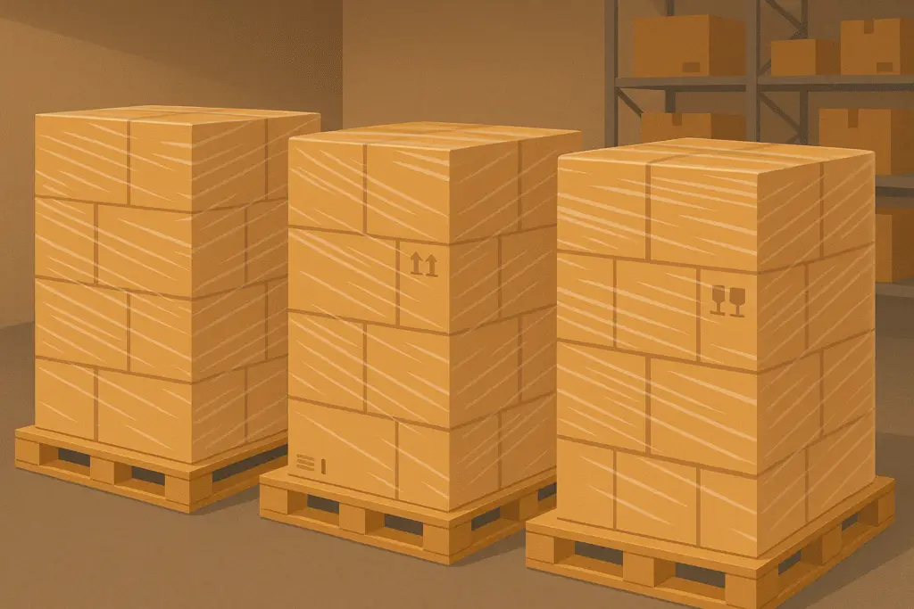 Pallets cargados con cajas envueltas en plástico listas para el envío.