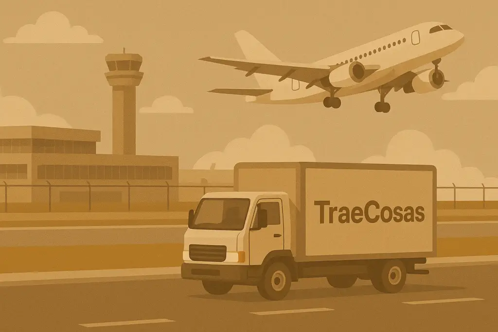 Avión despegando mientras un camión de TraeCosas se retira del aeropuerto.