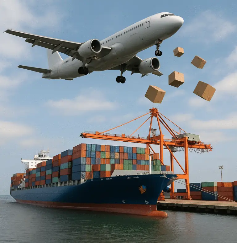 Avión de carga despegando y barco carguero en puerto con contenedores, representando la diferencia entre envío aéreo y marítimo de paquetes desde Miami a Managua.