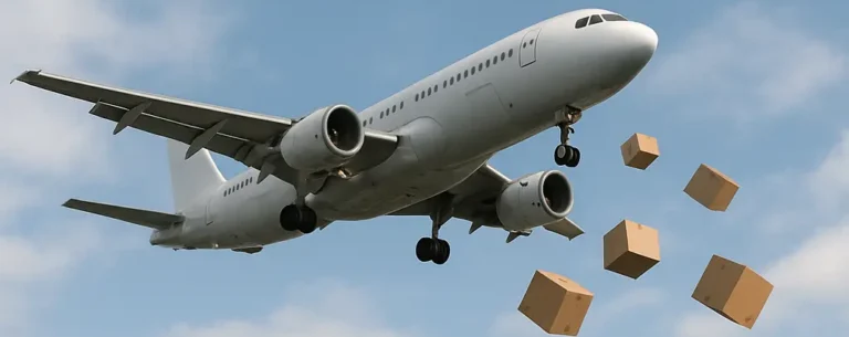 Avión de carga despegando y barco carguero en puerto con contenedores, representando la diferencia entre envío aéreo y marítimo de paquetes desde Miami a Managua.