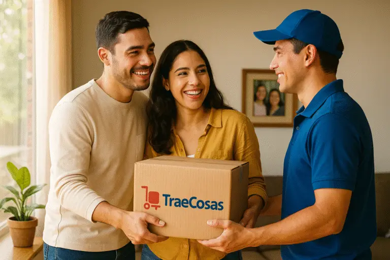 Pareja nicaragüense sonríe mientras recibe un paquete con el logo de TraeCosas en su casa en Managua, simbolizando envíos seguros y sin complicaciones desde Miami.