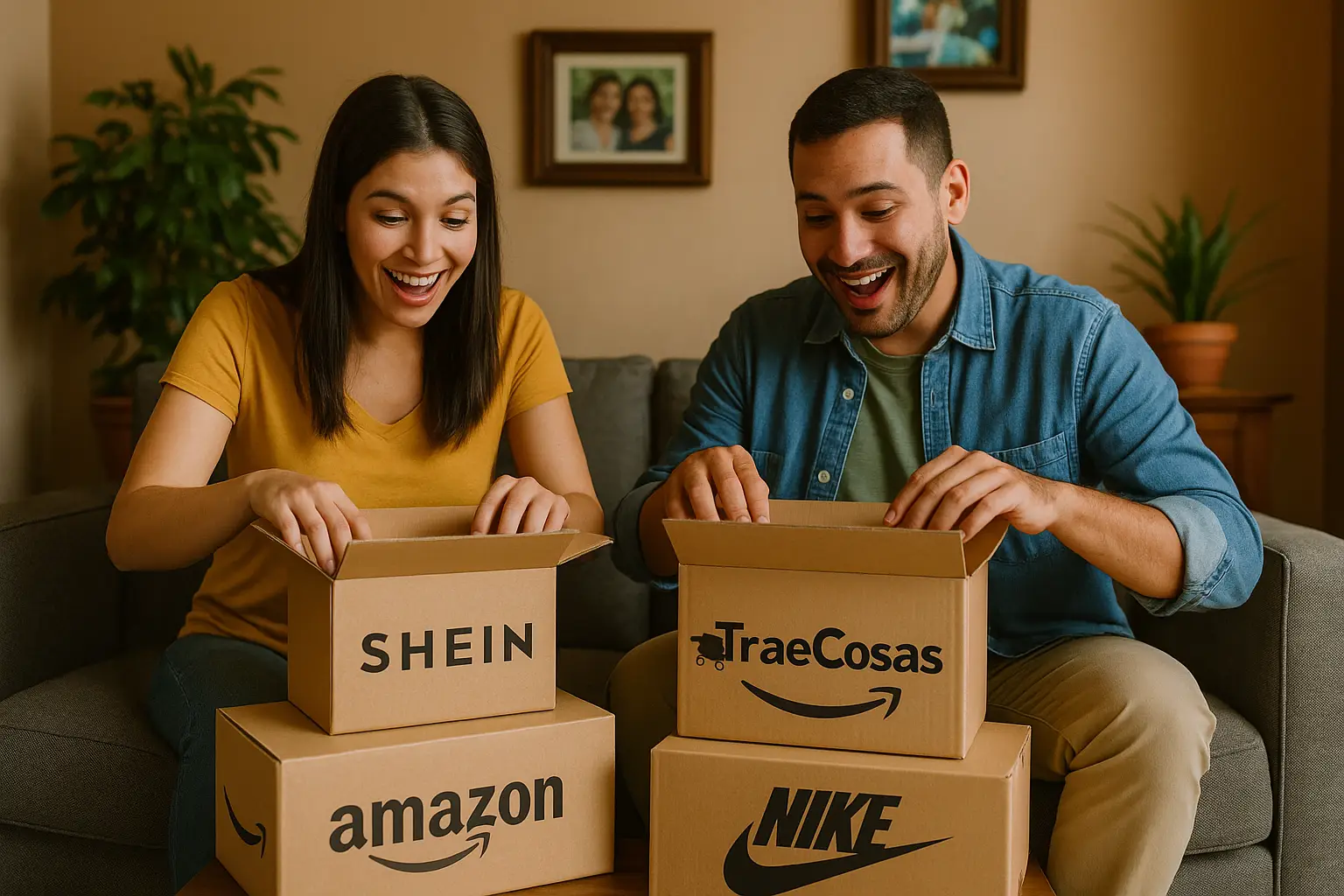 Pareja nicaragüense abriendo cajas de compras online de Amazon, Shein y Nike con TraeCosas en su casa de Managua.
