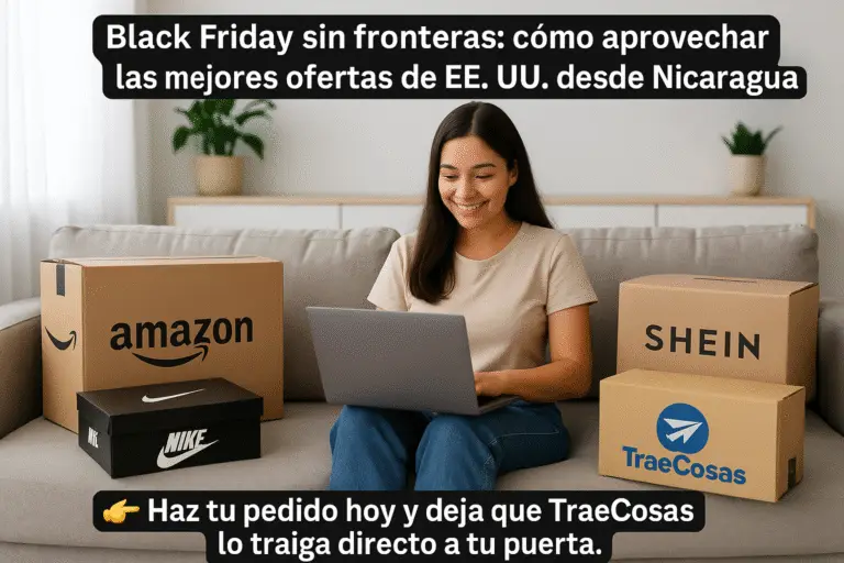 Carla en su sala en Managua mira ofertas del Black Friday en su laptop, rodeada de cajas de Amazon, Nike, Shein y TraeCosas, representando cómo comprar en Black Friday desde Nicaragua con envíos desde Miami.