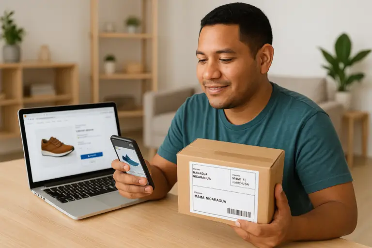 Persona en Managua revisando una compra en línea desde USA y sosteniendo un paquete listo para envío seguro a Nicaragua.