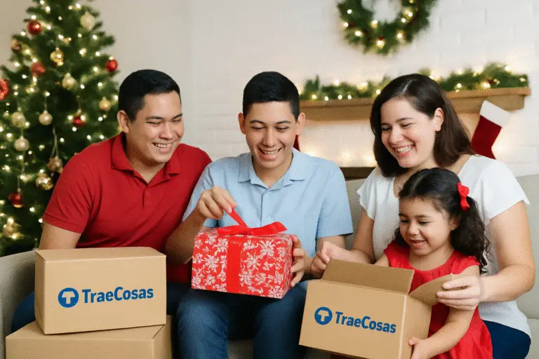 Familia nicaragüense abriendo regalos navideños con cajas de TraeCosas en su sala iluminada, escena alegre y decorada con árbol de Navidad.