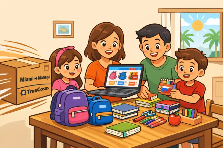 Familia en Managua organizando útiles escolares desde USA con envíos Miami Managua a través de TraeCosas