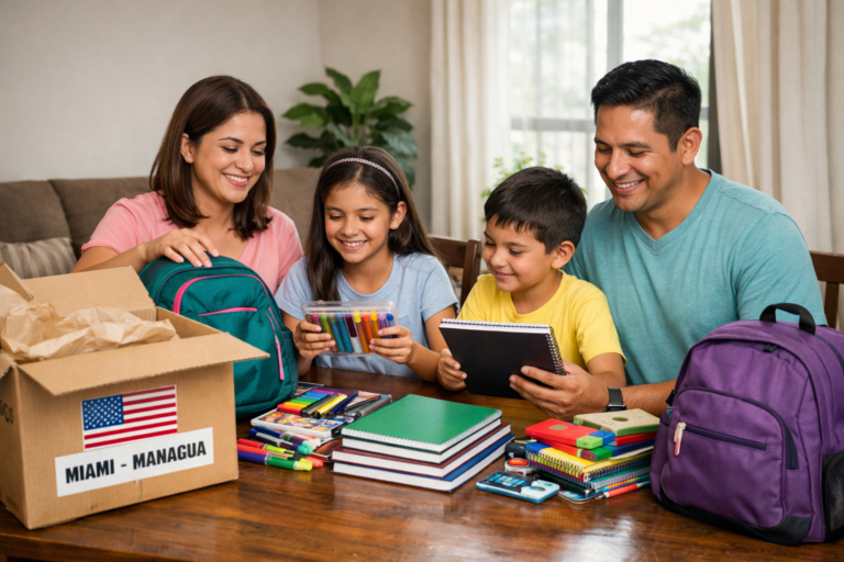 Familia en Managua revisando útiles escolares de alta calidad comprados en Estados Unidos y recibidos desde Miami.