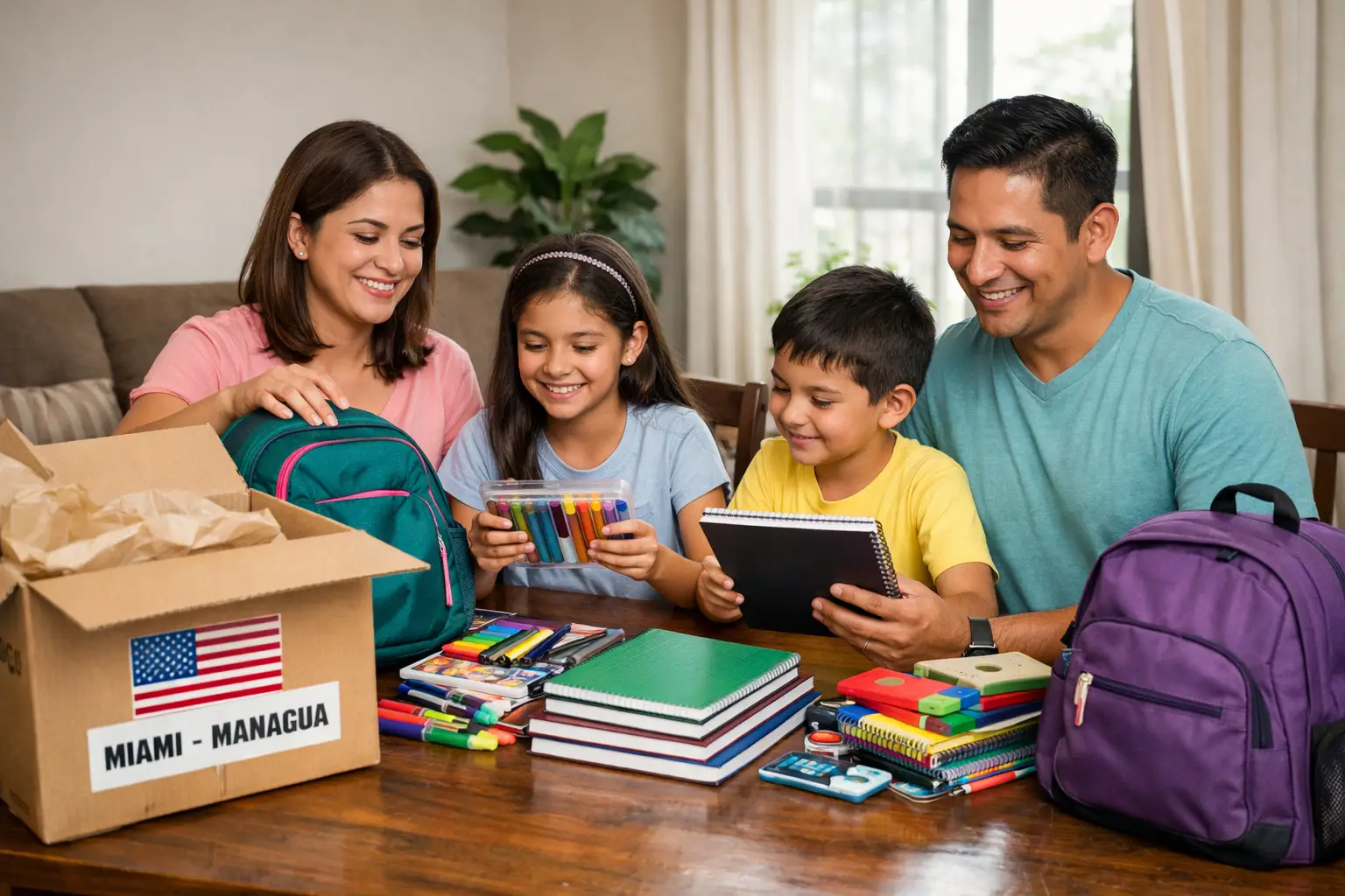 Familia en Managua revisando útiles escolares de alta calidad comprados en Estados Unidos y recibidos desde Miami.