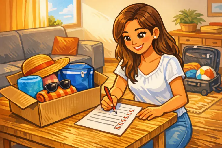 Mujer joven organizando accesorios de verano y marcando checklist antes de traer accesorios de verano desde Miami a Nicaragua por envío aéreo.
