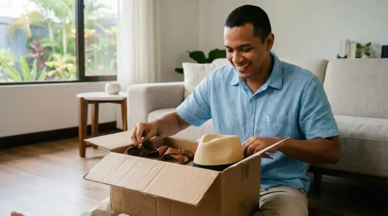 Hombre joven en Managua abre un paquete con accesorios de verano traídos desde EE. UU. antes de Semana Santa.