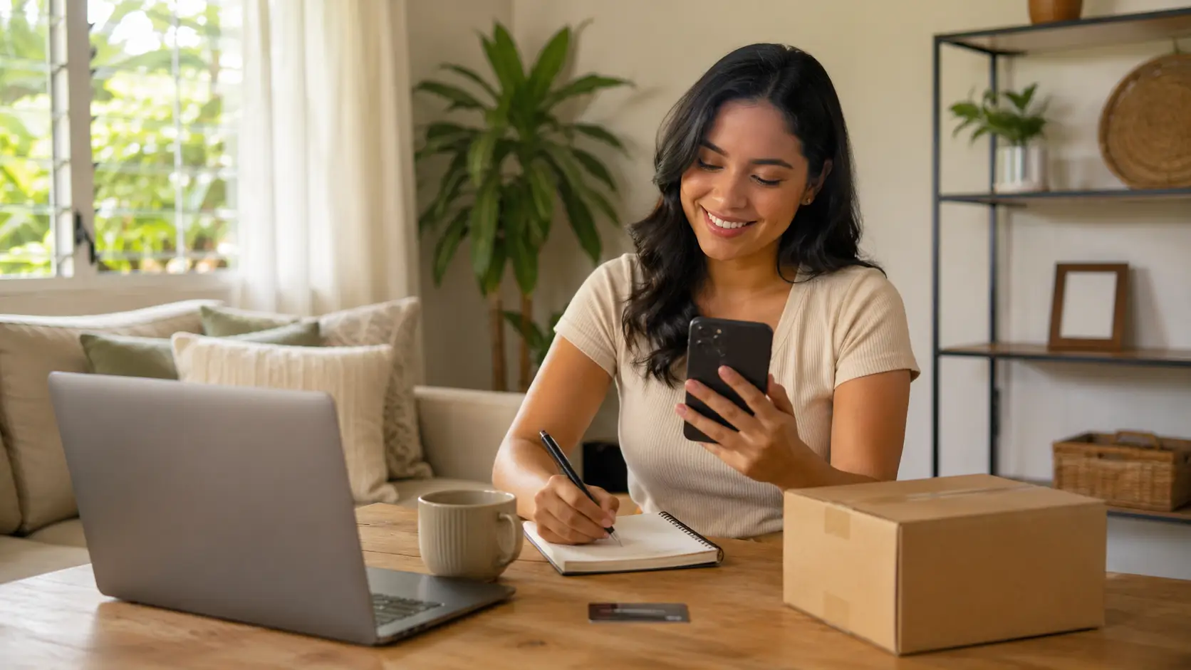 Mujer realizando una compra en línea desde su hogar en Managua mientras revisa su celular y organiza un pedido para comprar en Shein desde Nicaragua de forma segura.