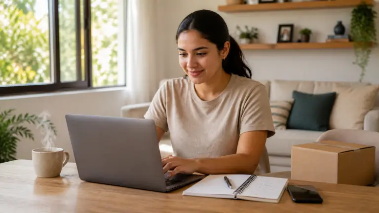 Mujer comprando en línea el regalo de mamá en USA desde su casa en Managua con laptop y luz natural