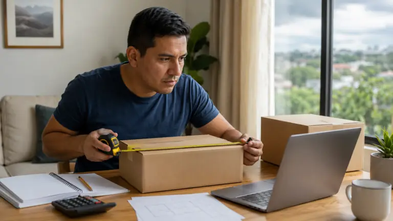 Hombre revisando medidas de una caja para evitar errores comunes al comprar en línea en Estados Unidos.