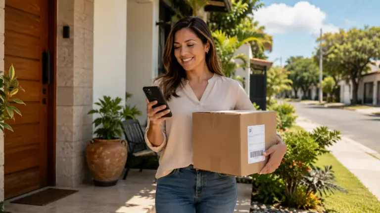Mujer recibiendo un paquete en Managua mientras consulta su teléfono, representando cómo traer paquetes desde Miami a Nicaragua de forma segura y sencilla.