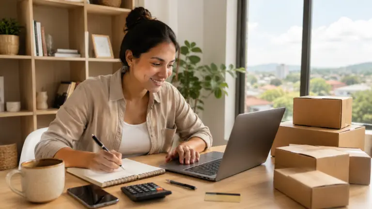 Mujer aprende a comprar en Amazon desde Nicaragua mientras calcula costos de envío en laptop, con cajas listas para recibir paquetes.
