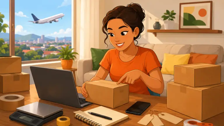 Joven preparando una caja para decidir qué conviene enviar por vía aérea desde Miami hacia Nicaragua.