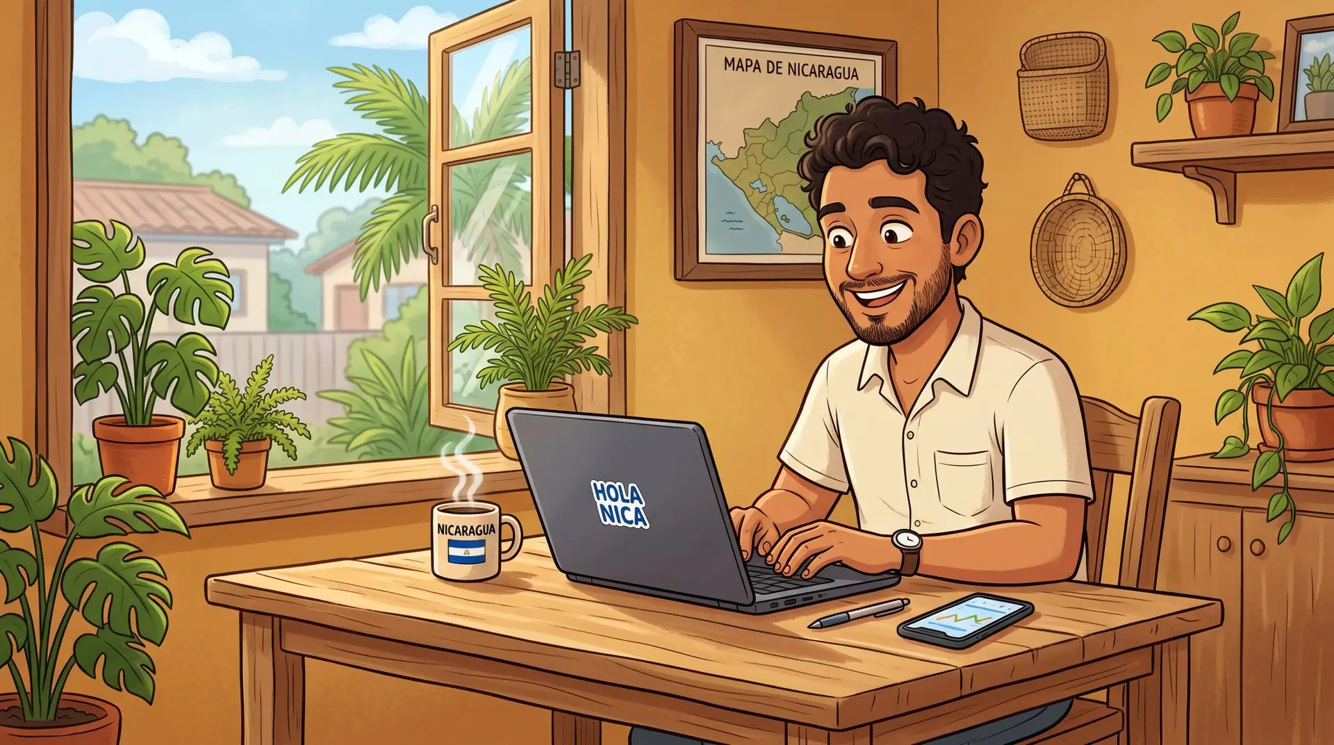 Ilustración tipo caricatura de un hombre nicaragüense sonriendo frente a su laptop y celular al gestionar sus compras en línea usando una dirección en Miami para enviar compras.