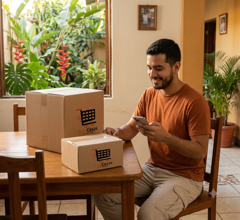 Joven en Managua comparando cajas de envío aéreo vs marítimo de TraeCosas frente a su teléfono.
