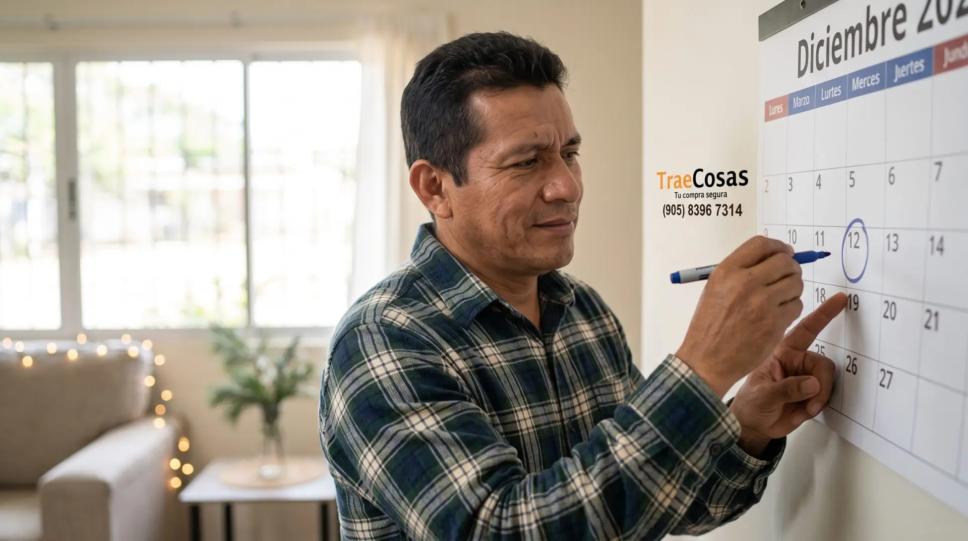 Hombre nicaragüense aliviado marcando con un plumón una fecha en su calendario de pared para garantizar una navidad sin sustos, junto al logo de TraeCosas.
