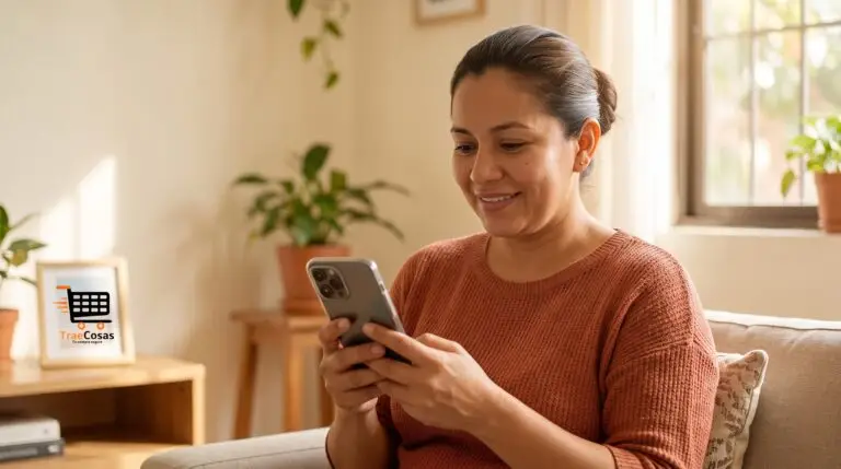 Nicaragüense en Managua sonríe al realizar el seguimiento de tu paquete desde Miami con TraeCosas.net en su celular.