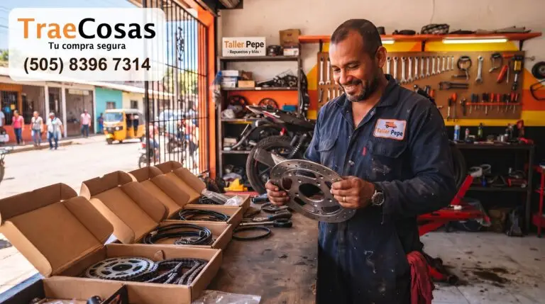 Mecánico nicaragüense sonriendo al revisar un disco de freno nuevo en su taller luego de comprar repuestos en Estados Unidos y recibirlos con TraeCosas.