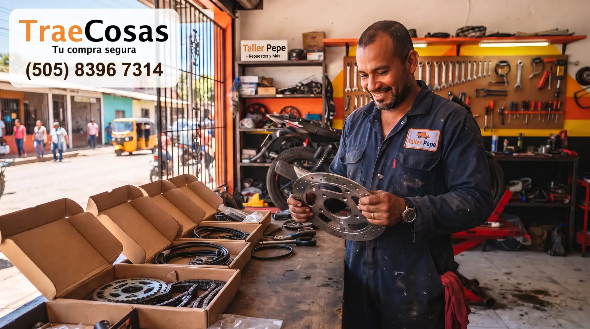 Mecánico nicaragüense sonriendo al revisar un disco de freno nuevo en su taller luego de comprar repuestos en Estados Unidos y recibirlos con TraeCosas.
