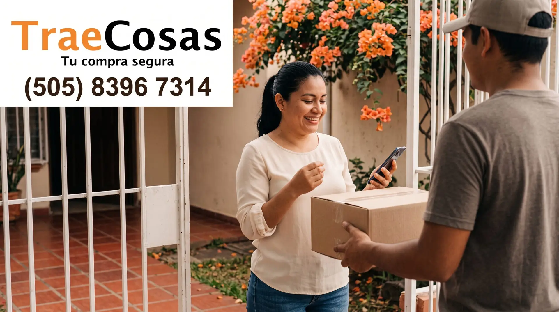 Mujer nicaragüense sonriente recibiendo una caja en la puerta de su casa en Managua, disfrutando del servicio de envío aéreo de Miami a Nicaragua de TraeCosas.